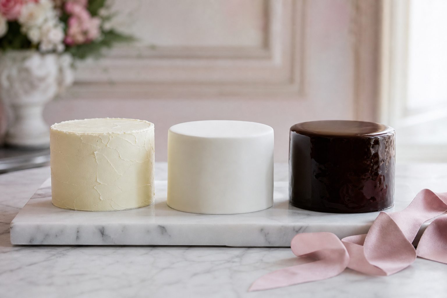 Three small cake tiers finished in buttercream, fondant and dark ganache side by side on pale marble