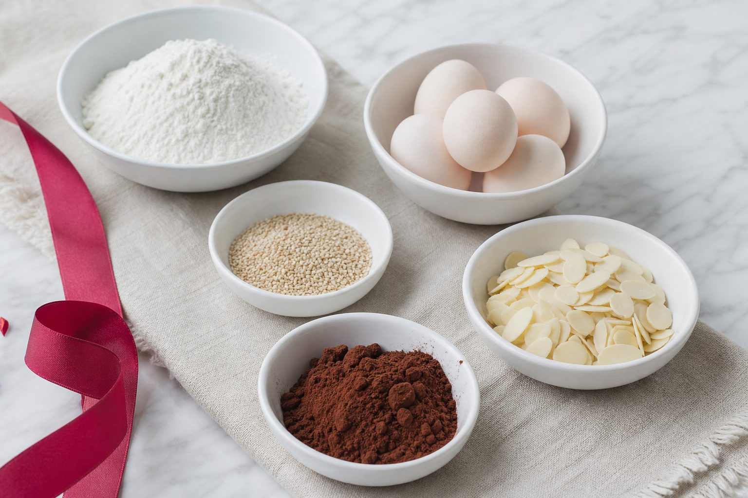 White bowls of flour, eggs, sesame seeds, almonds and cocoa arranged on pale linen over a marble counter