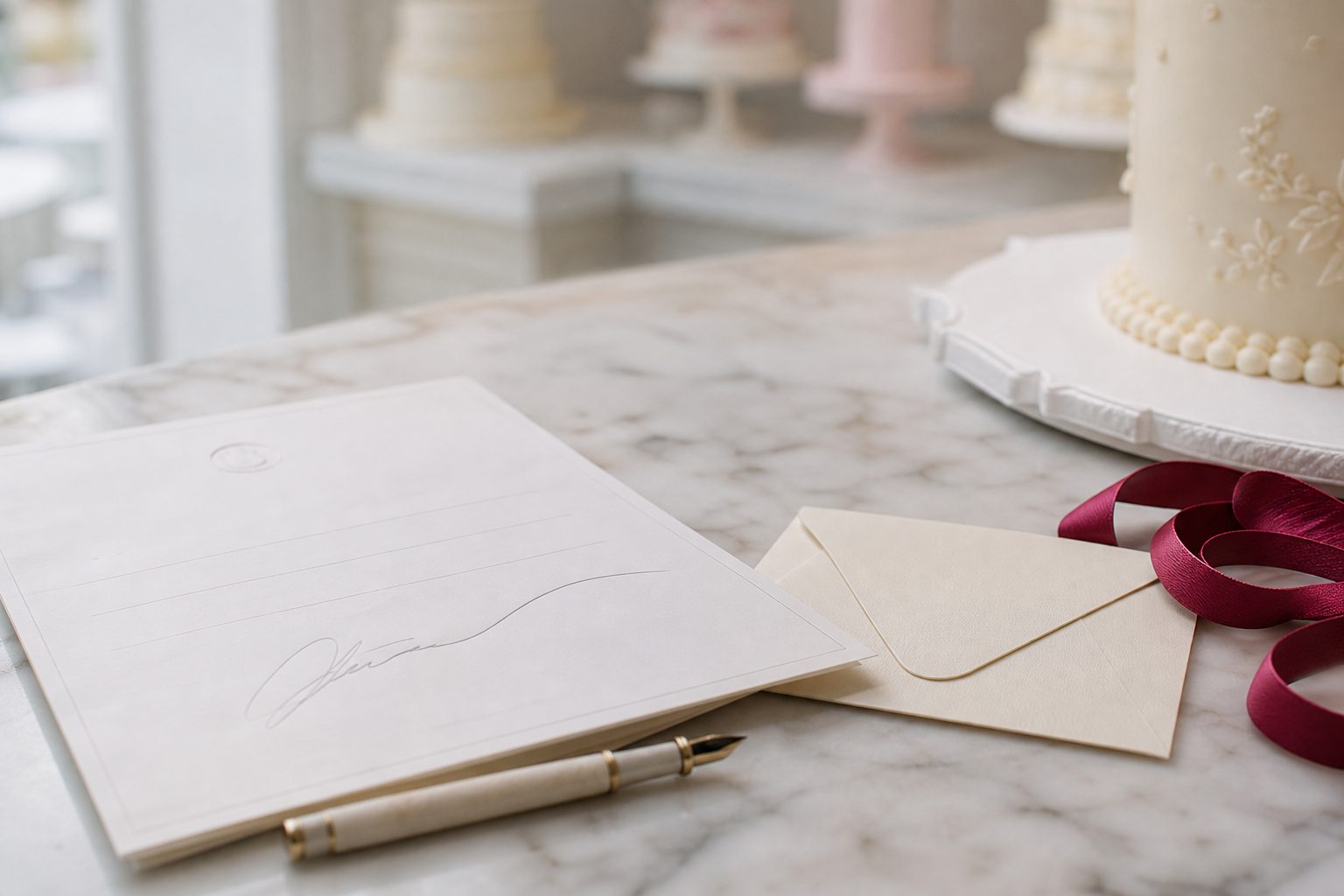A signed cake order form, a pen and a raspberry ribbon coil on a marble bakery counter in soft window light