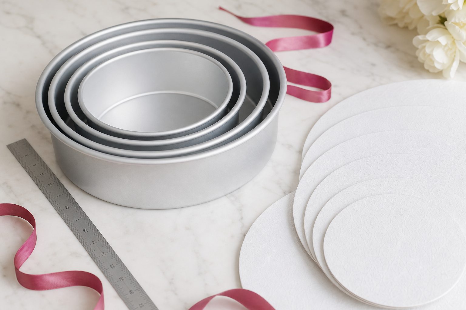 Graduated round cake pans, a metal ruler and fanned white cake boards arranged on a marble counter