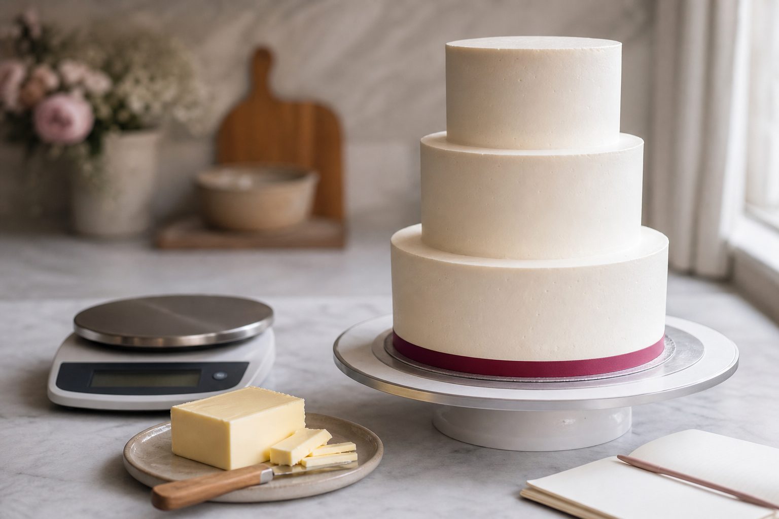A three tier buttercream cake on a turntable next to a kitchen scale, butter and an open notebook