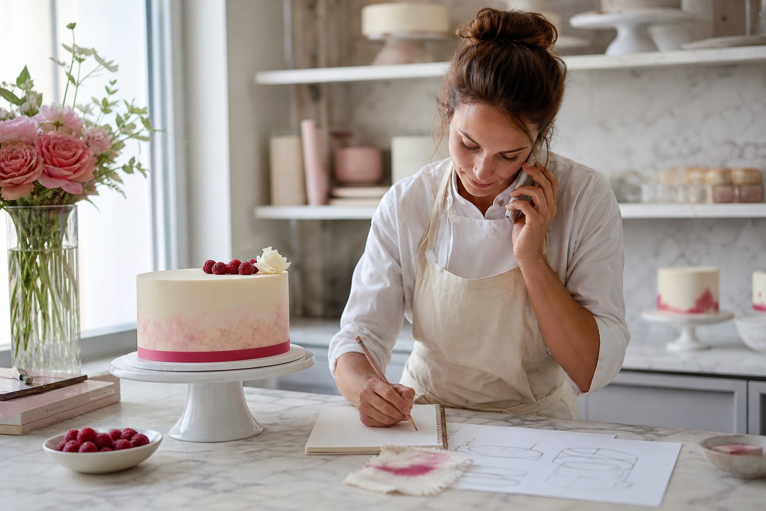 A baker on the phone writing notes at a marble counter beside cake sketches and a raspberry ribbon swatch