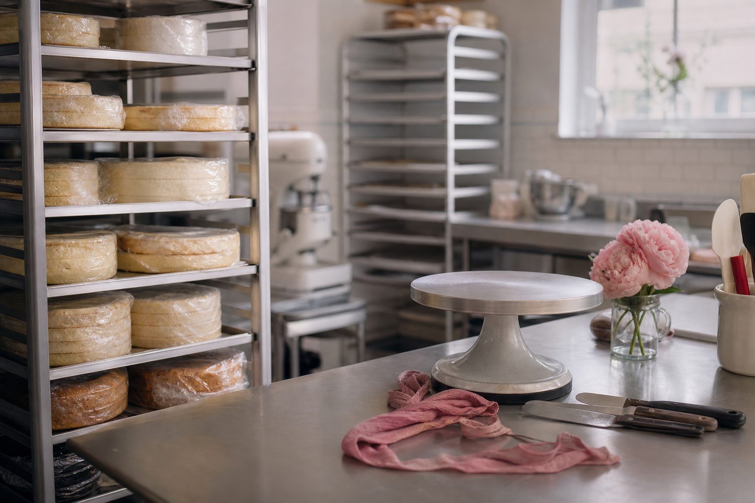 A small bakery kitchen with racks of wrapped cake layers, a turntable and offset spatulas on a steel bench