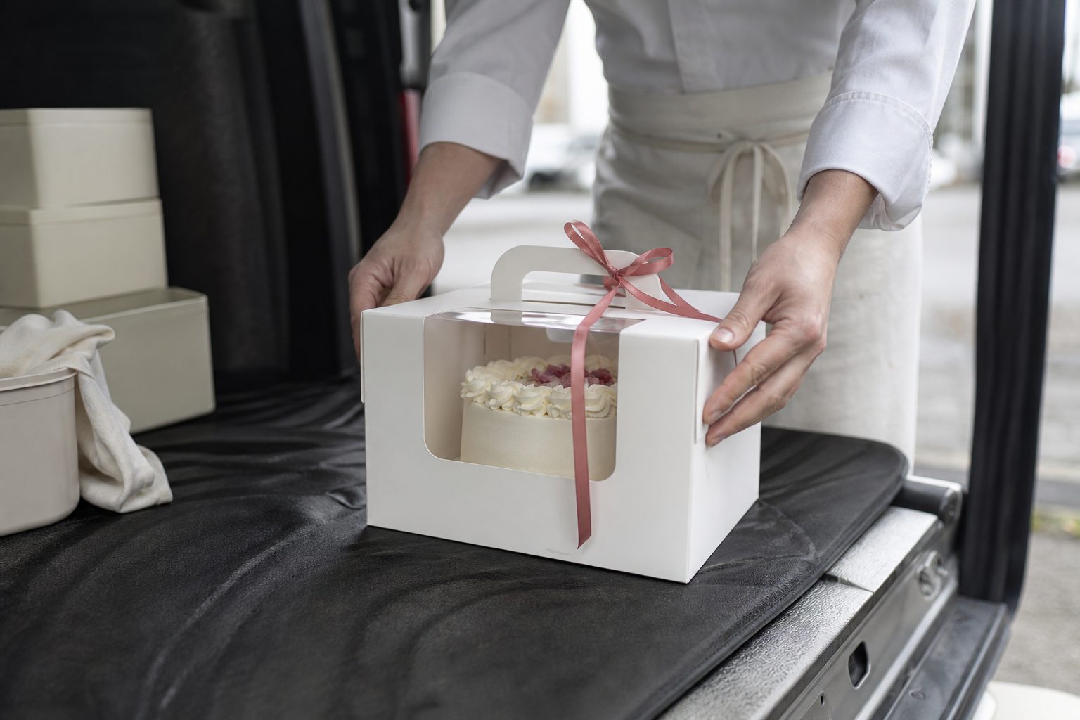 A white cake box steadied by a baker's hands on a flat vehicle floor with a non slip mat under soft daylight