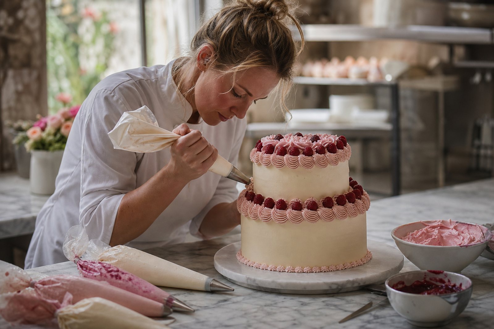Baker piping a shell border onto a tiered celebration cake on a marble bakery counter