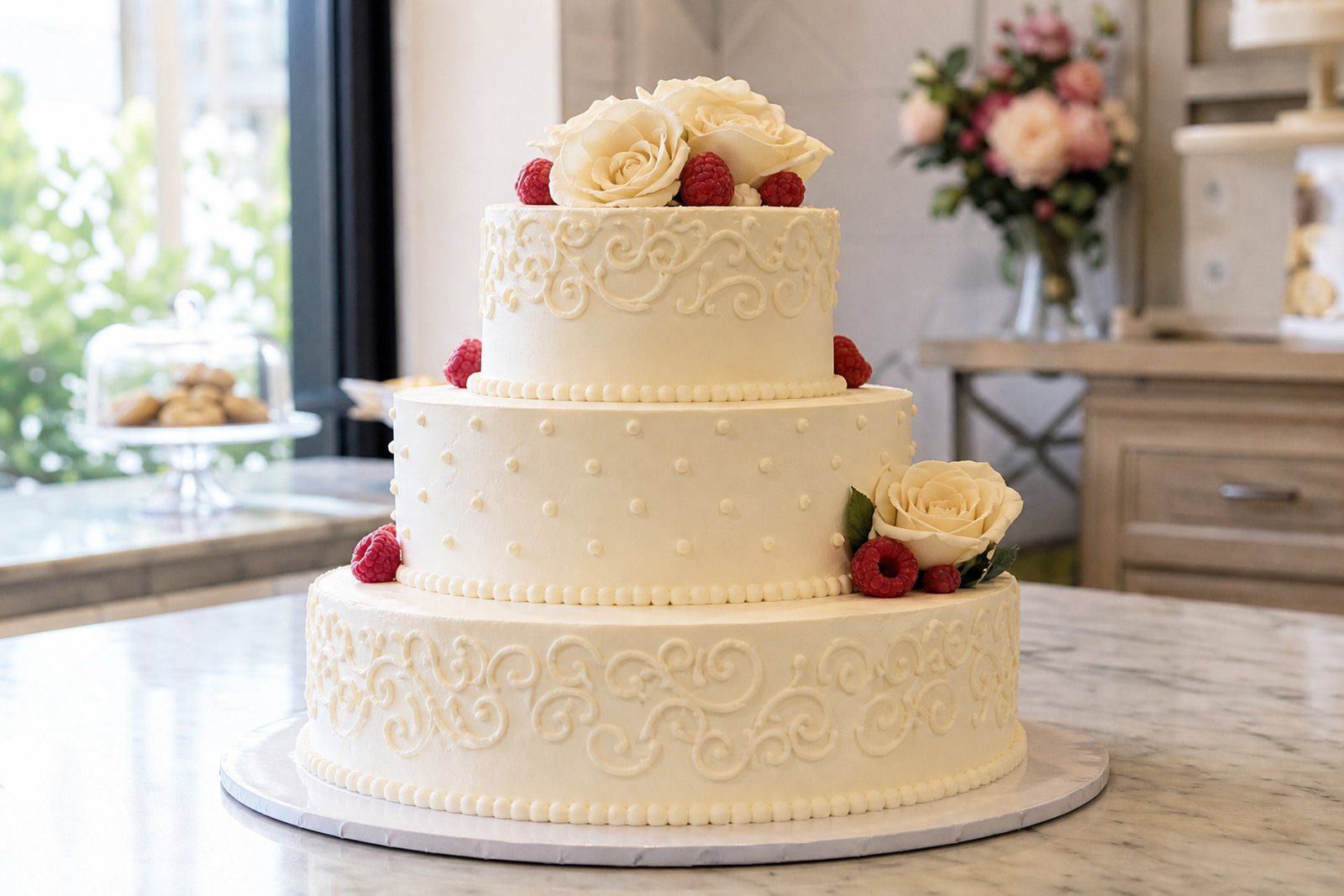 Finished three tier white cake with delicate piping resting on a marble bakery counter in window light